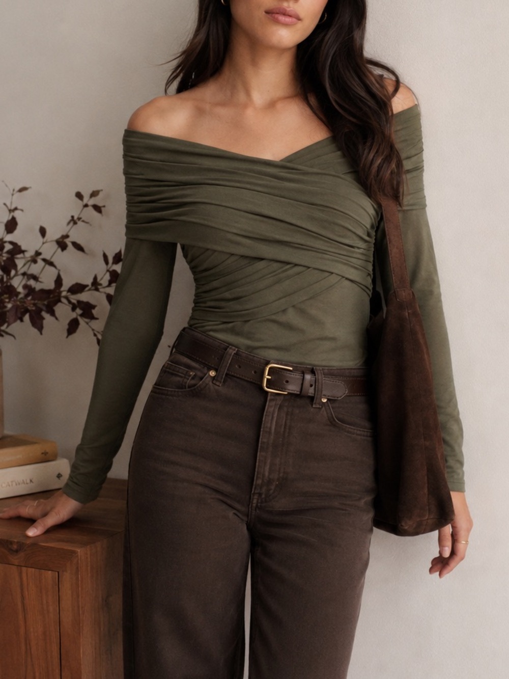 Loft Shirt Womens XL Green Ruched Mesh Off The Shoulder New